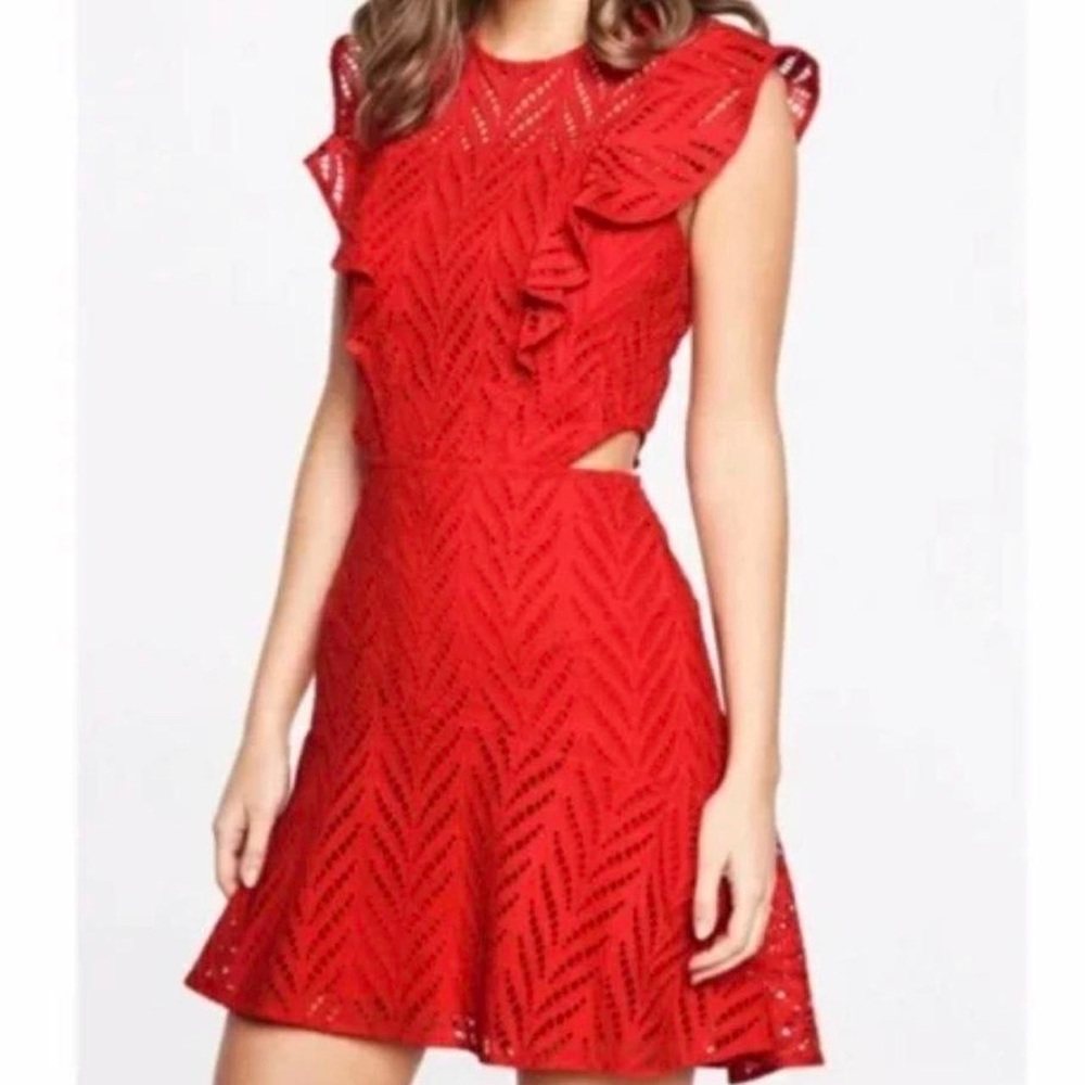Bardot| Revolve Kira Poppy Red Eyelet Cutout Dress with Ruffle Size 6/S